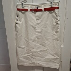 Baccini White Denim Pencil Skirt with Red Belt Accent